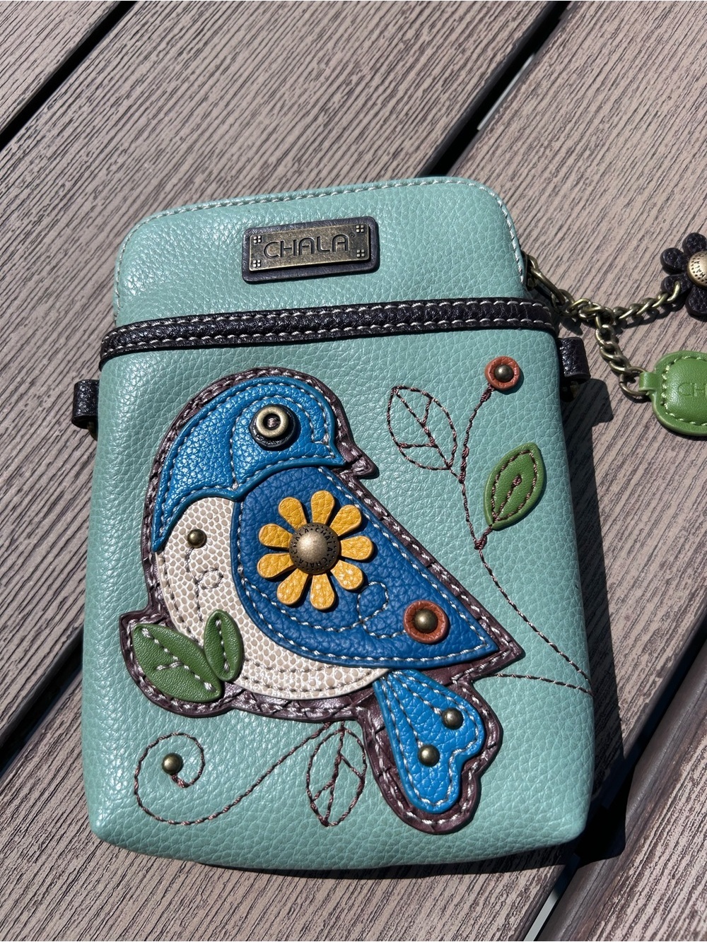 Chala Teal Blue Leather Bird Appliqué Crossbody Wallet Yellow Flower 2 Straps
